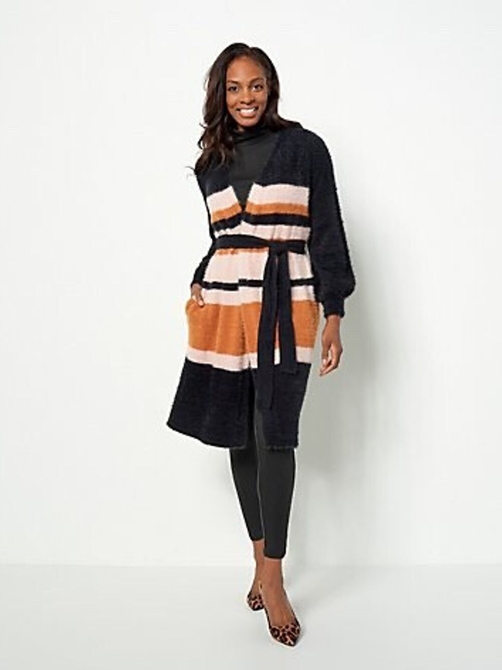Girl With Curves Stripe Statement Cardigan Black Women's Medium